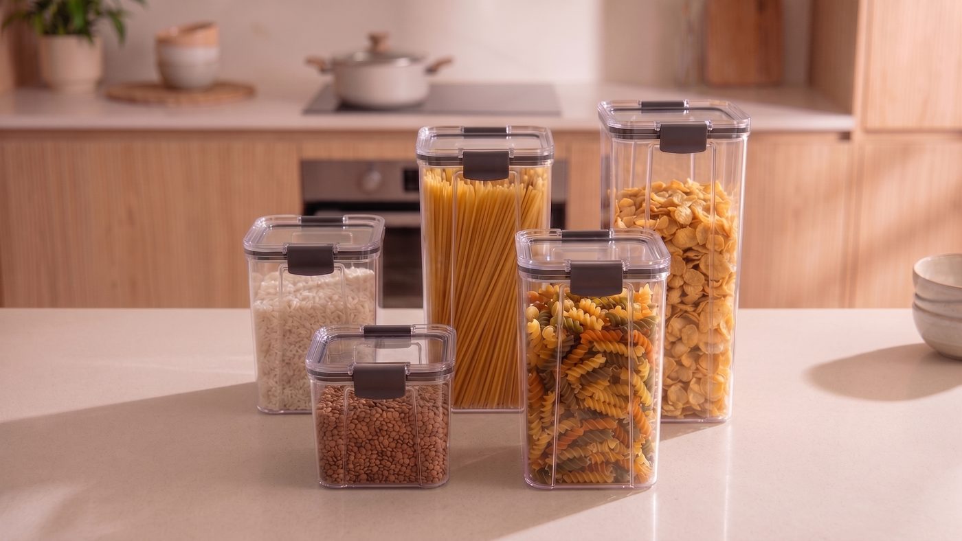 Frascos herméticos Confort ordenados con fideos, arroz, cereales y legumbres